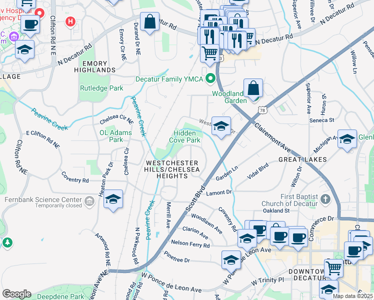 map of restaurants, bars, coffee shops, grocery stores, and more near 164 Ridley Circle in Decatur