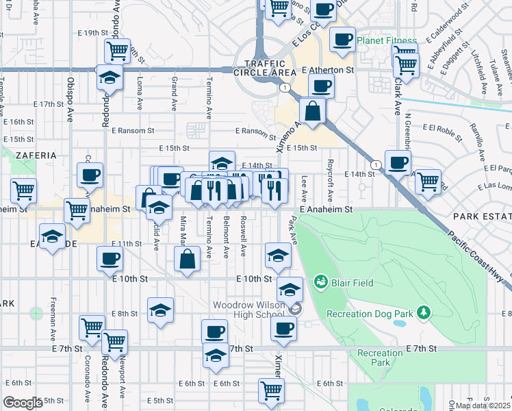 map of restaurants, bars, coffee shops, grocery stores, and more near 4235 East Anaheim Street in Long Beach