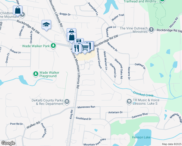 map of restaurants, bars, coffee shops, grocery stores, and more near 5624 Stonington Trace Parkway in Stone Mountain