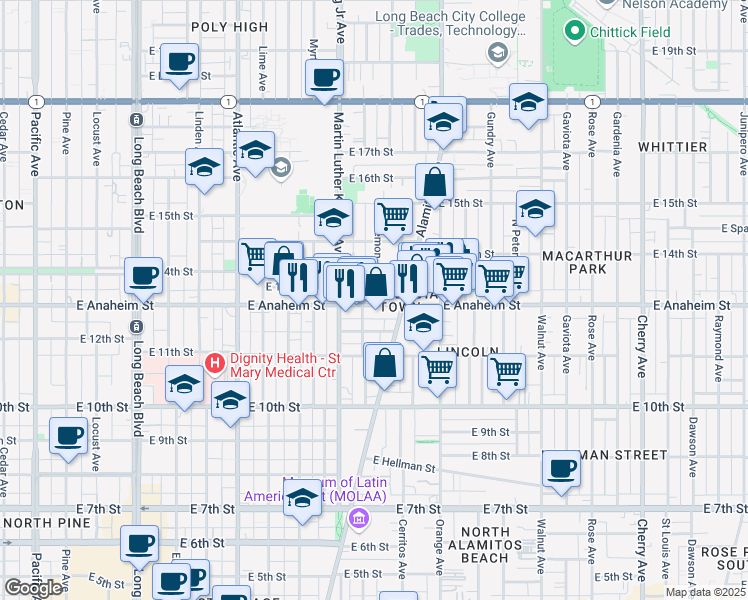 map of restaurants, bars, coffee shops, grocery stores, and more near 1101 East Anaheim Street in Long Beach