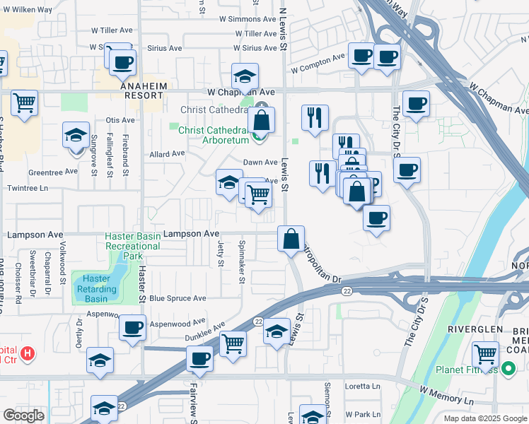 map of restaurants, bars, coffee shops, grocery stores, and more near 12377 South Lewis Street in Garden Grove