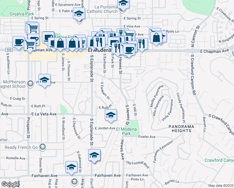 map of restaurants, bars, coffee shops, grocery stores, and more near 4428 East Justice Circle in Orange