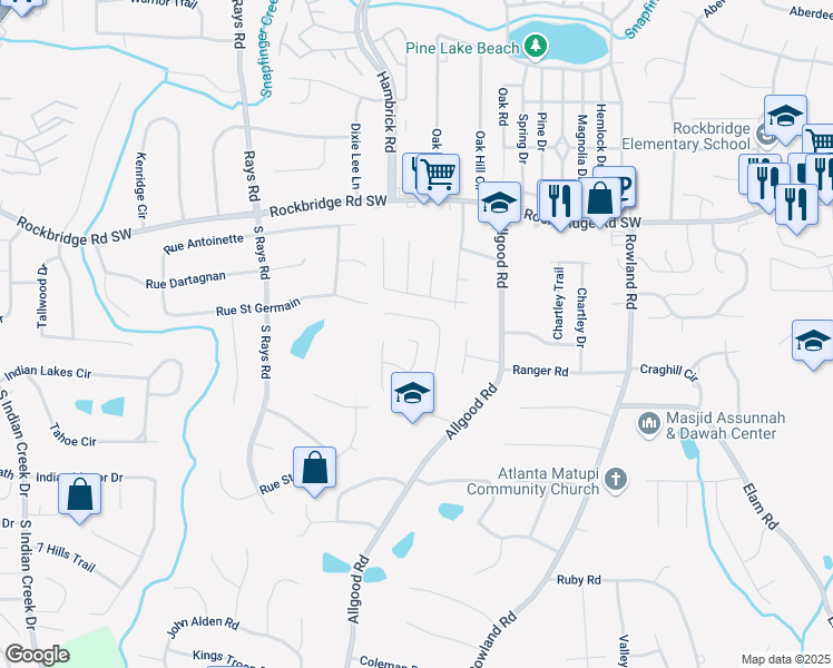 map of restaurants, bars, coffee shops, grocery stores, and more near 536 Crestridge Court in Stone Mountain