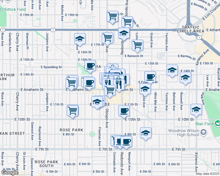 map of restaurants, bars, coffee shops, grocery stores, and more near 3205 East Anaheim Street in Long Beach