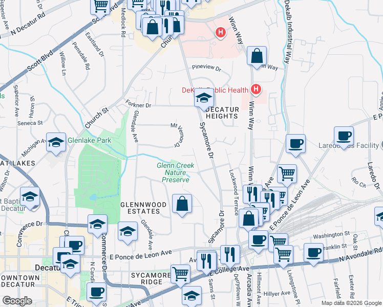map of restaurants, bars, coffee shops, grocery stores, and more near 163 Mount Vernon Drive in Decatur