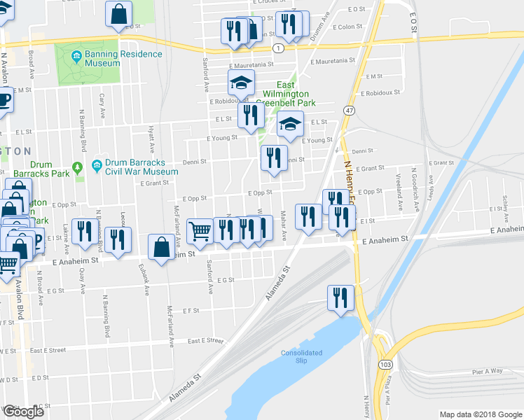 map of restaurants, bars, coffee shops, grocery stores, and more near 918 Watson Avenue in Los Angeles