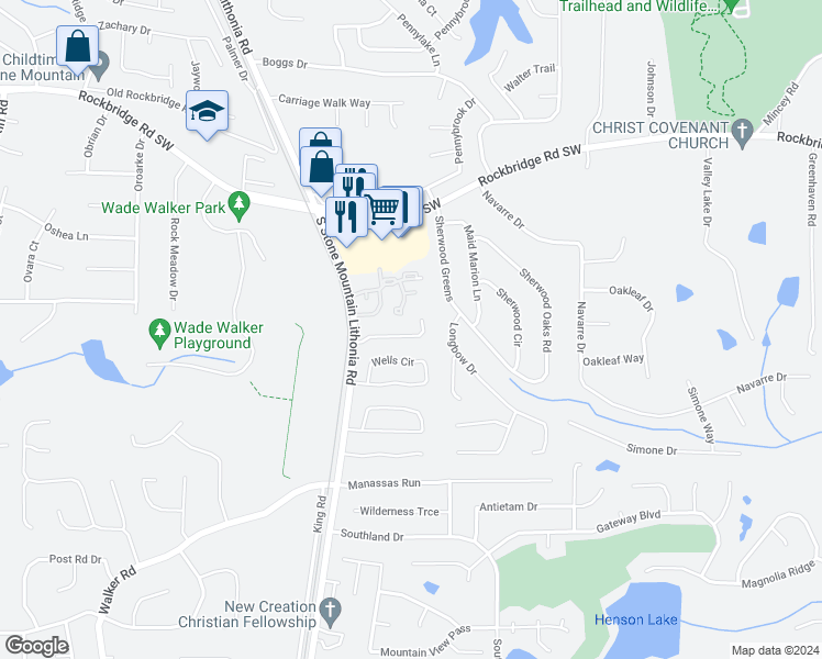 map of restaurants, bars, coffee shops, grocery stores, and more near 5626 Stonington Trace Parkway in Stone Mountain