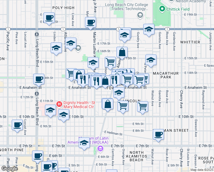 map of restaurants, bars, coffee shops, grocery stores, and more near 1101 East Anaheim Street in Long Beach