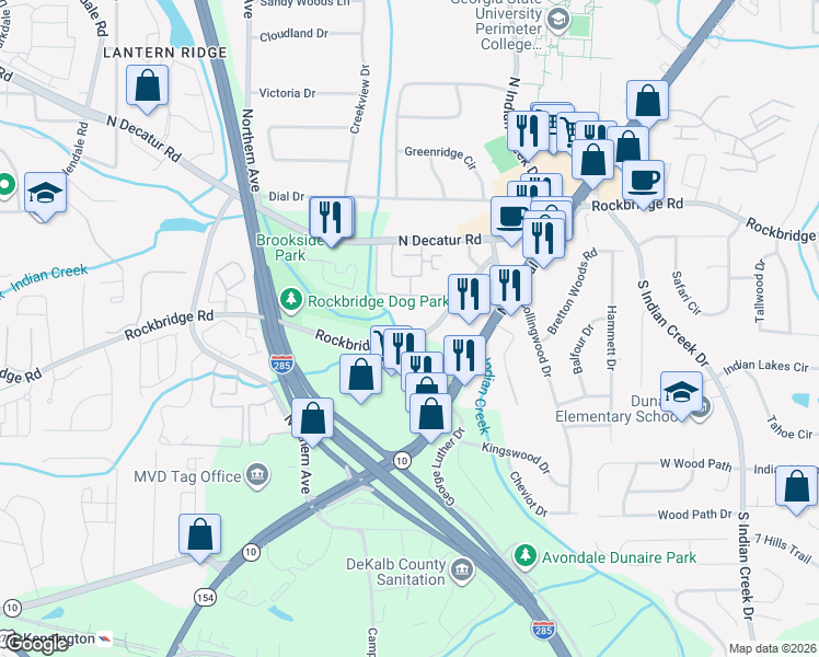 map of restaurants, bars, coffee shops, grocery stores, and more near 3682 Rockbridge Road Southwest in Stone Mountain