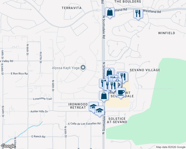 map of restaurants, bars, coffee shops, grocery stores, and more near 7111 East Sienna Bouquet Place in Scottsdale
