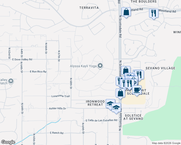 map of restaurants, bars, coffee shops, grocery stores, and more near 6915 East Bramble Berry Lane in Scottsdale