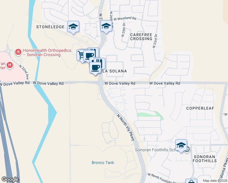 map of restaurants, bars, coffee shops, grocery stores, and more near 2605 Sonoran Boulevard in Phoenix