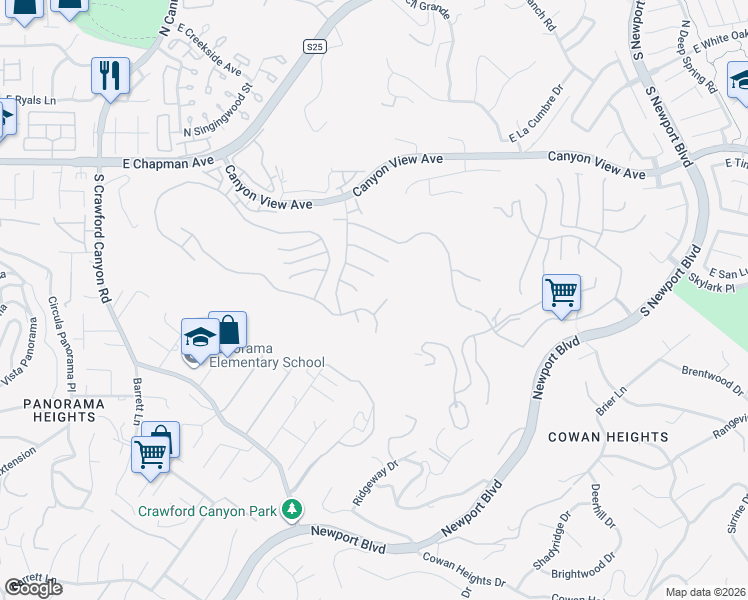 map of restaurants, bars, coffee shops, grocery stores, and more near 6425 East Nance Circle in Orange