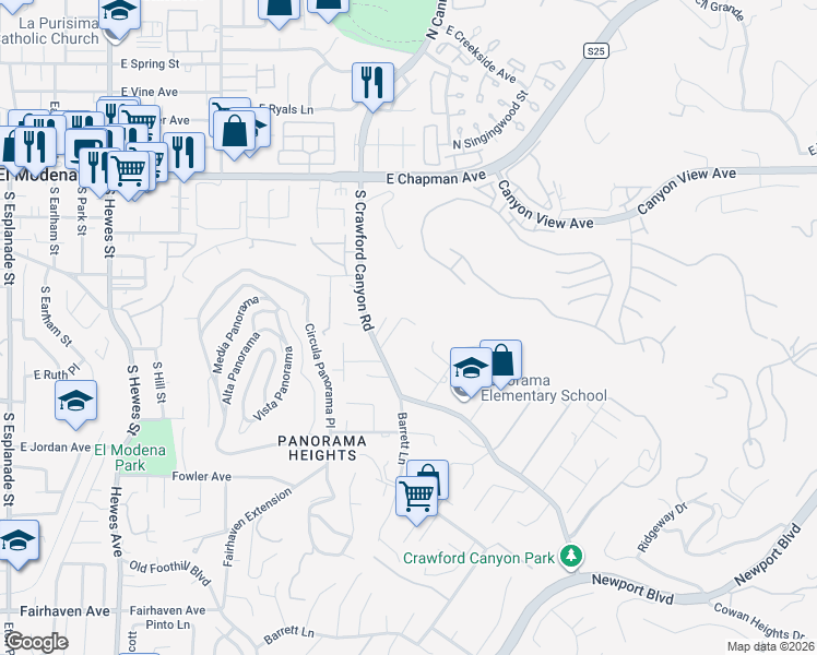 map of restaurants, bars, coffee shops, grocery stores, and more near 12312 Canyon Terrace in Santa Ana