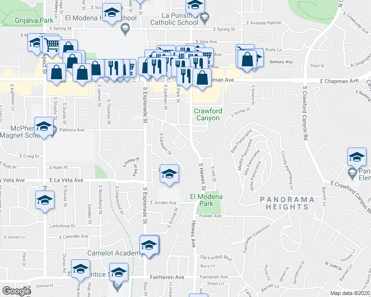 map of restaurants, bars, coffee shops, grocery stores, and more near 380 South Hewes Street in Orange