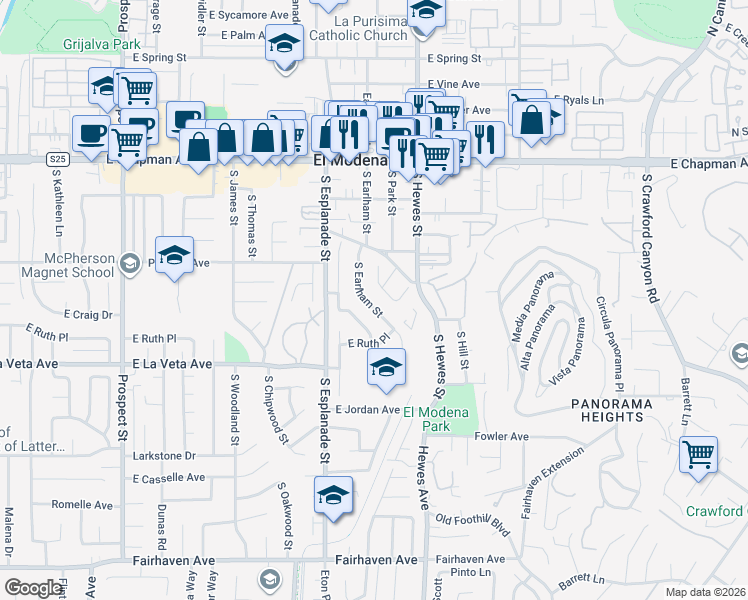 map of restaurants, bars, coffee shops, grocery stores, and more near 4344 East Constitution Avenue in Orange