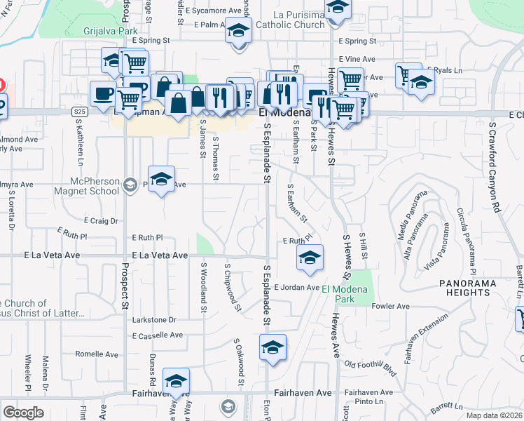 map of restaurants, bars, coffee shops, grocery stores, and more near 365 South Heatherstone Street in Orange