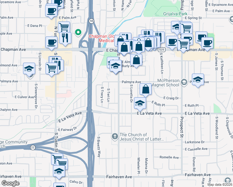 map of restaurants, bars, coffee shops, grocery stores, and more near 356 South Carole Lane in Orange