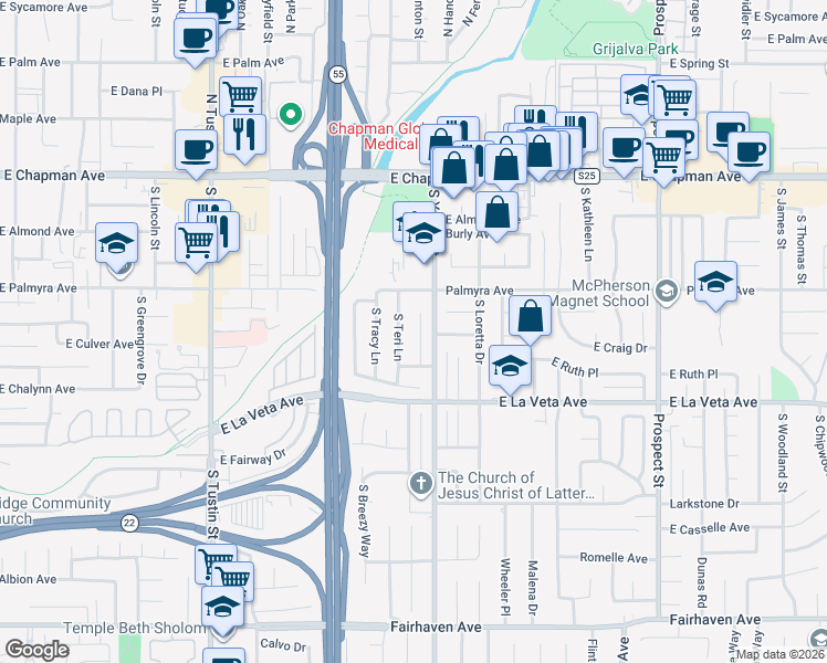 map of restaurants, bars, coffee shops, grocery stores, and more near 356 South Carole Lane in Orange