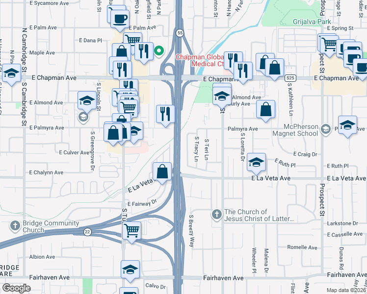 map of restaurants, bars, coffee shops, grocery stores, and more near 1925 East La Veta Avenue in Orange