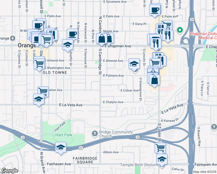 map of restaurants, bars, coffee shops, grocery stores, and more near 1016 East Van Bibber Avenue in Orange