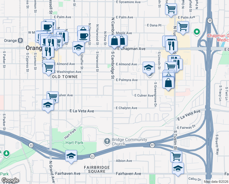 map of restaurants, bars, coffee shops, grocery stores, and more near 902 East Van Bibber Avenue in Orange