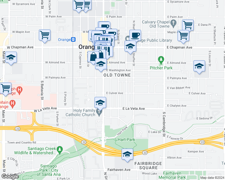 map of restaurants, bars, coffee shops, grocery stores, and more near 371 South Orange Street in Orange