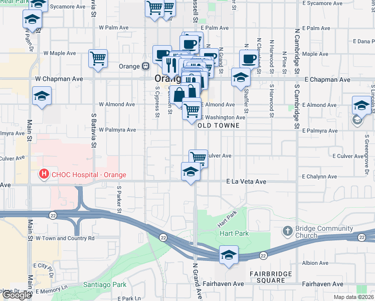 map of restaurants, bars, coffee shops, grocery stores, and more near 368 South Glassell Street in Orange