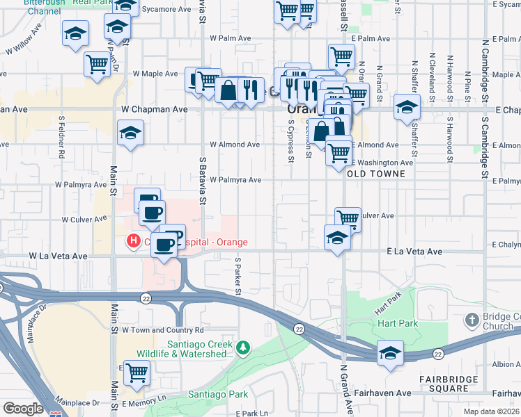 map of restaurants, bars, coffee shops, grocery stores, and more near 512 West Palmyra Avenue in Orange