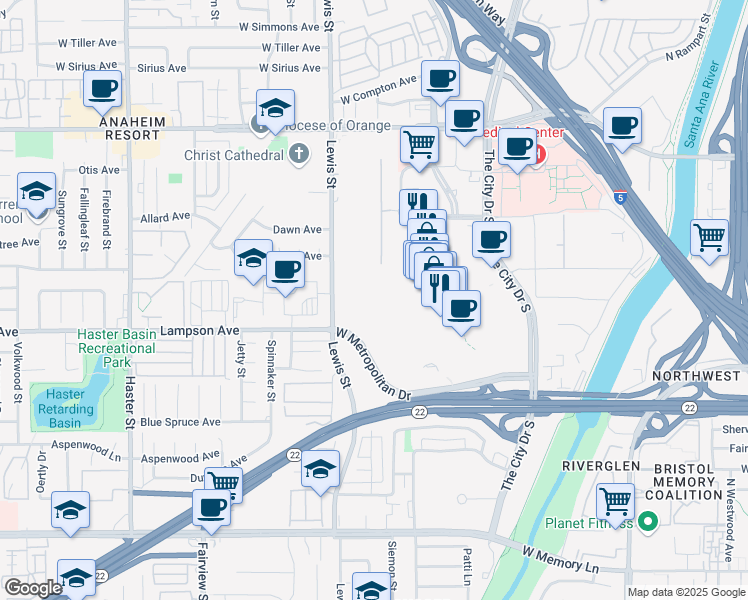map of restaurants, bars, coffee shops, grocery stores, and more near 500 City Parkway West in Orange