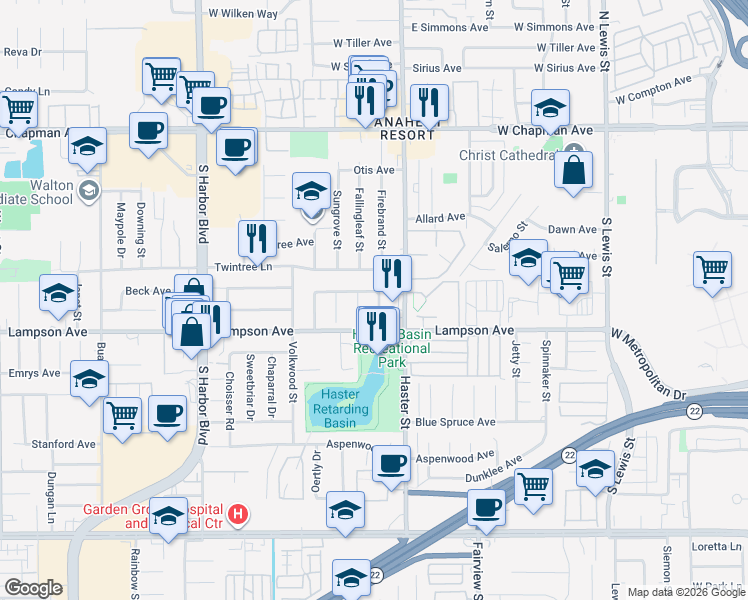 map of restaurants, bars, coffee shops, grocery stores, and more near 12413 Firebrand Street in Garden Grove
