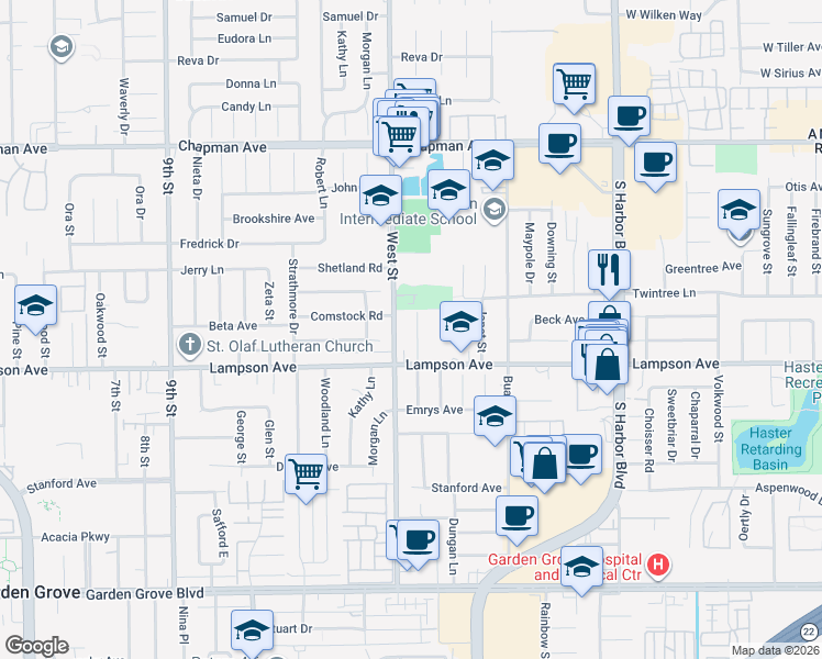 map of restaurants, bars, coffee shops, grocery stores, and more near 12392 Merrill Street in Garden Grove