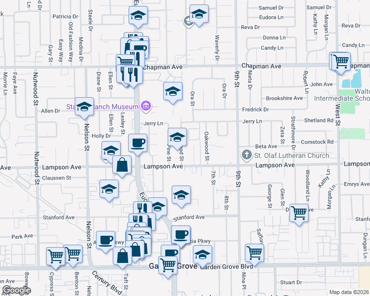 map of restaurants, bars, coffee shops, grocery stores, and more near 12381 Elmwood Street in Garden Grove