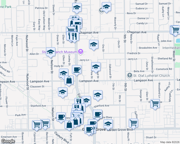 map of restaurants, bars, coffee shops, grocery stores, and more near 11111 Iris Drive in Garden Grove
