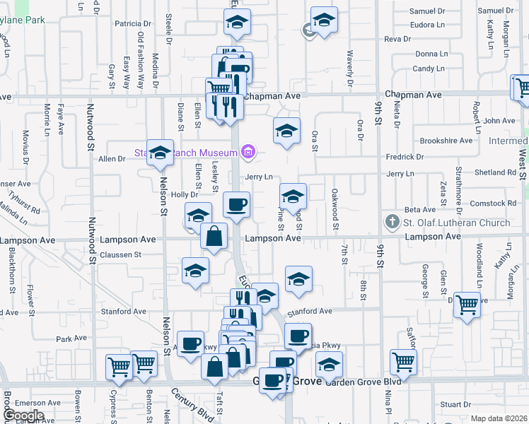 map of restaurants, bars, coffee shops, grocery stores, and more near 11111 Iris Drive in Garden Grove
