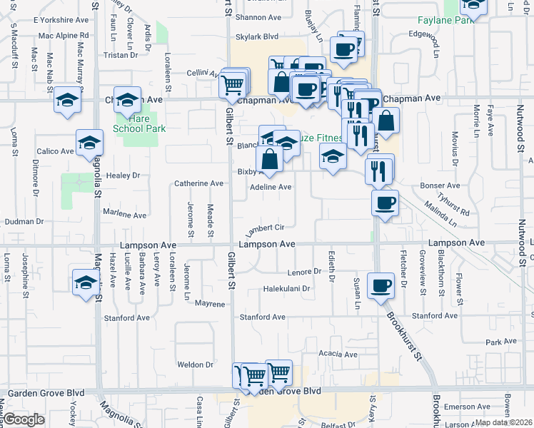 map of restaurants, bars, coffee shops, grocery stores, and more near 12382 Janet Circle in Garden Grove