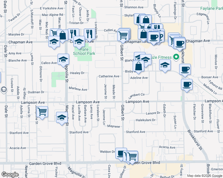 map of restaurants, bars, coffee shops, grocery stores, and more near 12341 Meade Street in Garden Grove