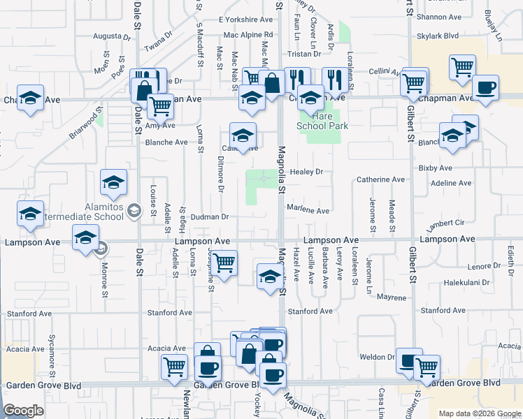 map of restaurants, bars, coffee shops, grocery stores, and more near in Garden Grove