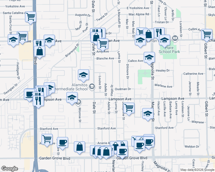 map of restaurants, bars, coffee shops, grocery stores, and more near 12361 Adelle Street in Garden Grove