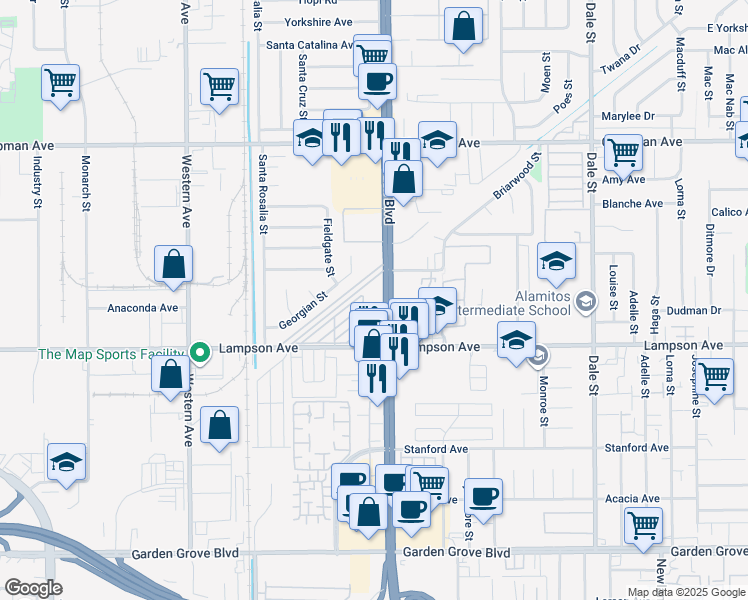 map of restaurants, bars, coffee shops, grocery stores, and more near 12345 Beach Boulevard in Garden Grove