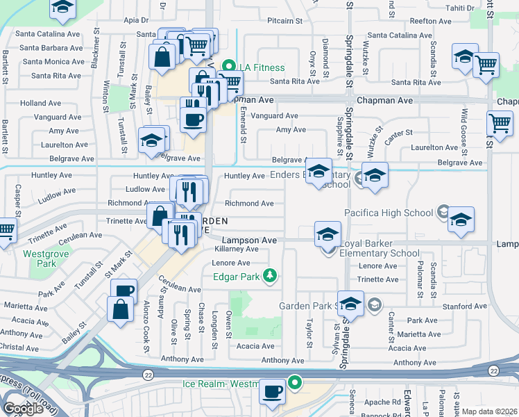 map of restaurants, bars, coffee shops, grocery stores, and more near 6132 Richmond Avenue in Garden Grove