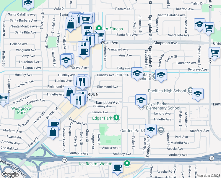 map of restaurants, bars, coffee shops, grocery stores, and more near 6132 Richmond Avenue in Garden Grove