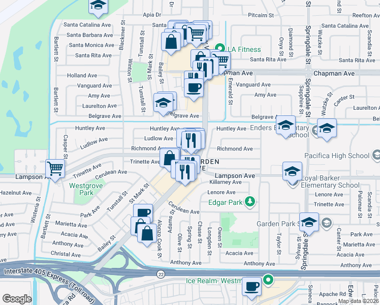 map of restaurants, bars, coffee shops, grocery stores, and more near 5872 Richmond Avenue in Garden Grove