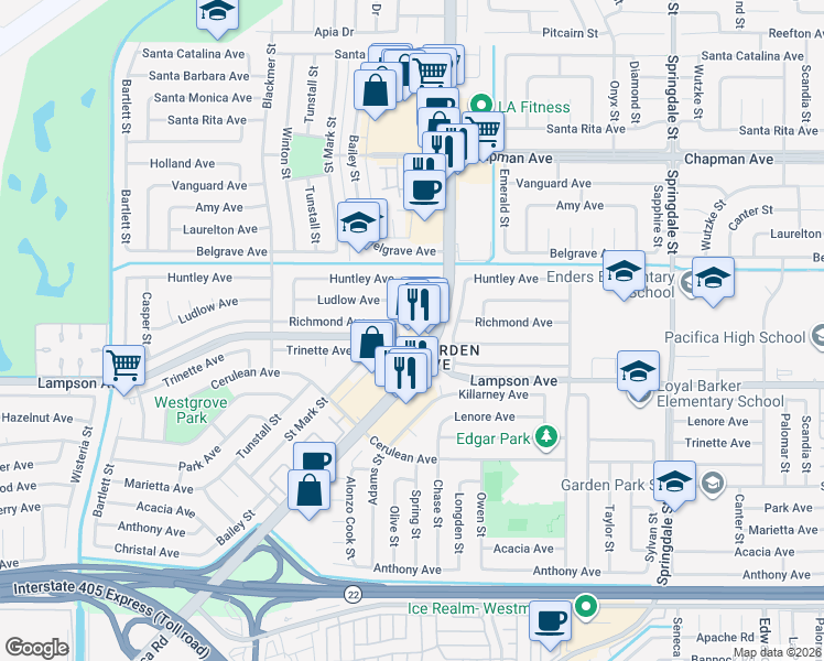 map of restaurants, bars, coffee shops, grocery stores, and more near 5872 Richmond Avenue in Garden Grove