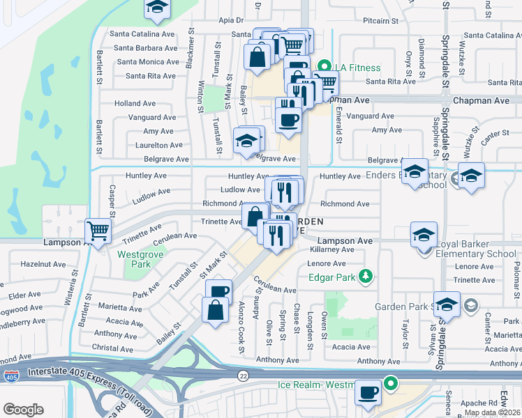 map of restaurants, bars, coffee shops, grocery stores, and more near 5872 Richmond Avenue in Garden Grove
