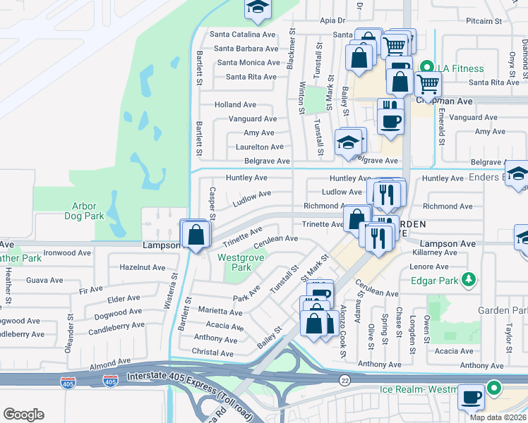 map of restaurants, bars, coffee shops, grocery stores, and more near 5532 Richmond Avenue in Garden Grove