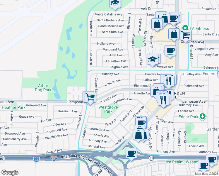 map of restaurants, bars, coffee shops, grocery stores, and more near 5431 Richmond Avenue in Garden Grove