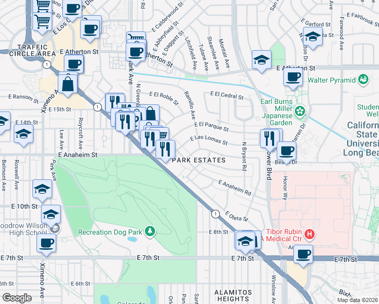 map of restaurants, bars, coffee shops, grocery stores, and more near 5300 East Las Lomas Street in Long Beach