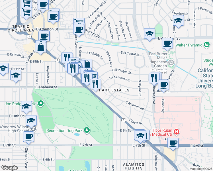map of restaurants, bars, coffee shops, grocery stores, and more near 5300 East Las Lomas Street in Long Beach