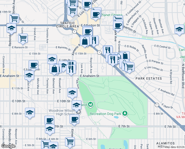 map of restaurants, bars, coffee shops, grocery stores, and more near 1321 Roycroft Avenue in Long Beach